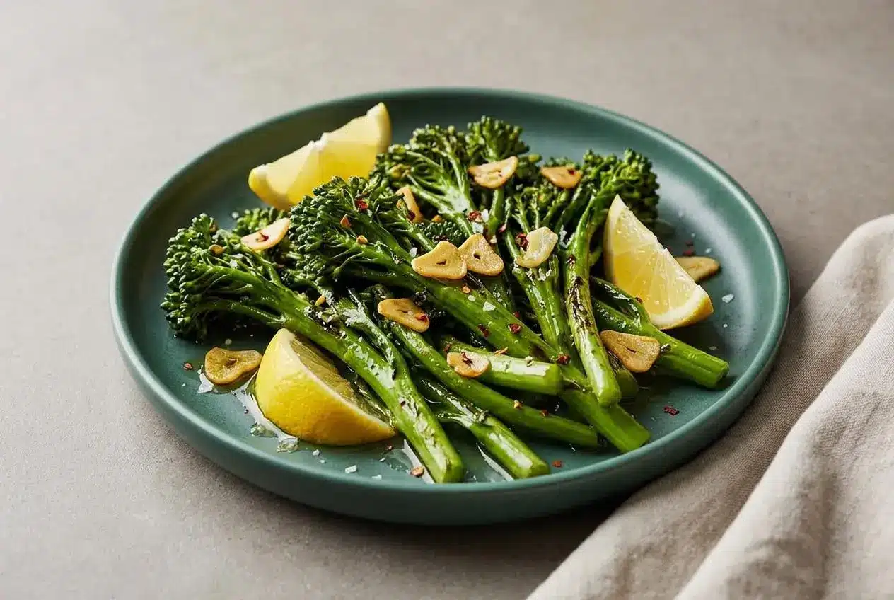 Garlicky broccolini recipe with glossy tender-crisp stems, vivid emerald florets, and fresh lemon juice.