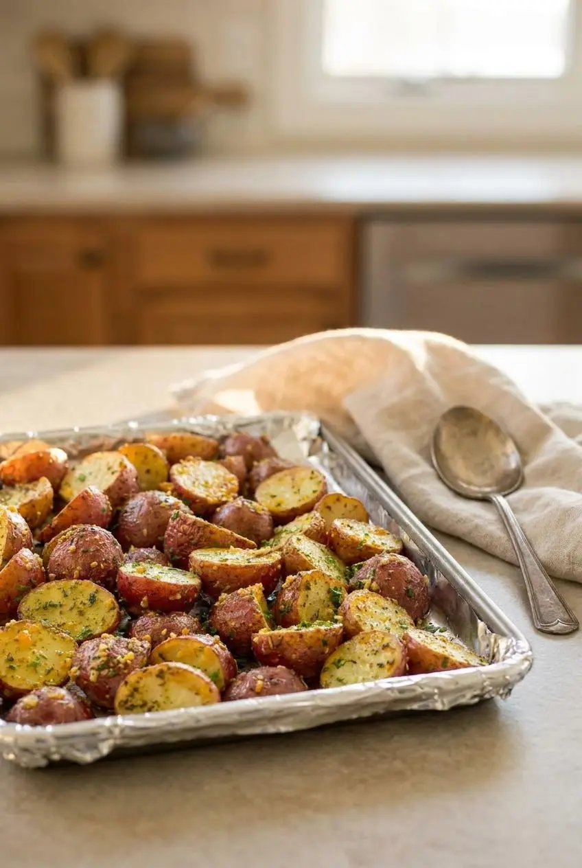 Garlic parmesan roasted red potatoes on a sheet pan lined with foil on a stone countertop.