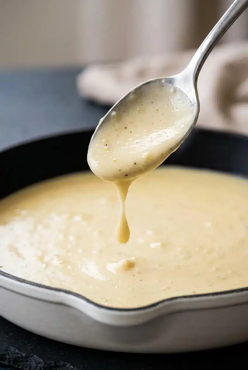 Velvety garlic parmesan sauce coating the back of a metal spoon without graininess or curdling.