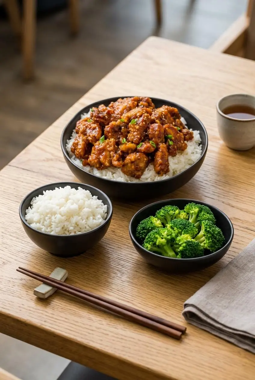 General Tso's chicken served in a bowl with steamed jasmine rice and tender broccoli florets.