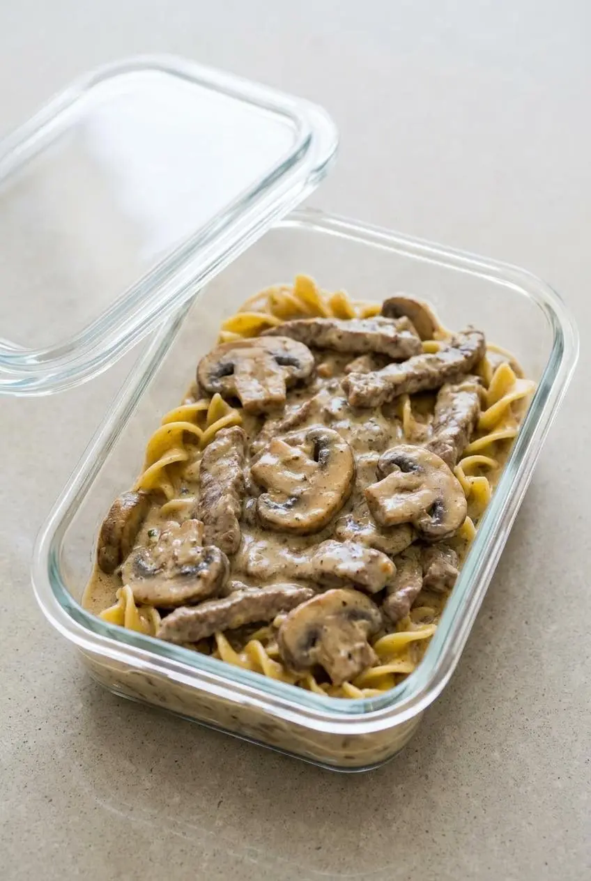 Freshly cooked beef stroganoff stored in a clear rectangular glass container on a stone kitchen countertop.
