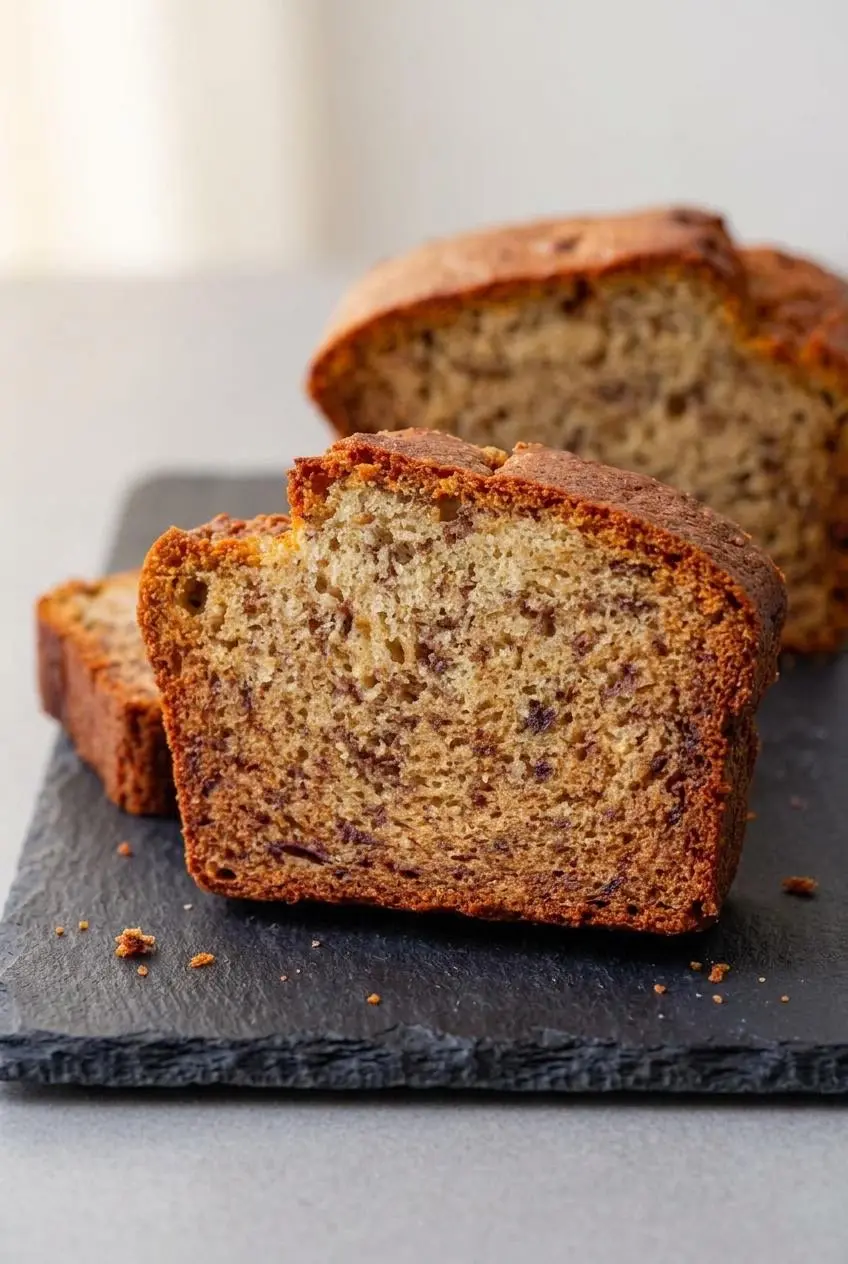 Close up of gluten free banana bread slice showing an airy crumb texture and golden baked dome.