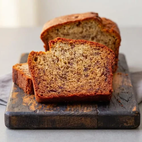 Tender gluten free banana bread loaf with a moist interior and golden brown caramelized crust.