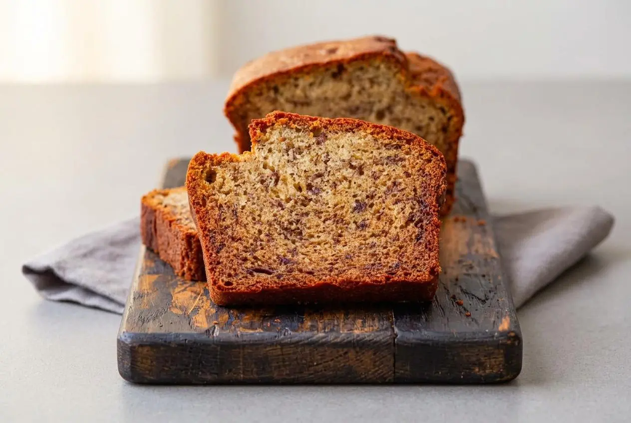 Tender gluten free banana bread loaf with a moist interior and golden brown caramelized crust.