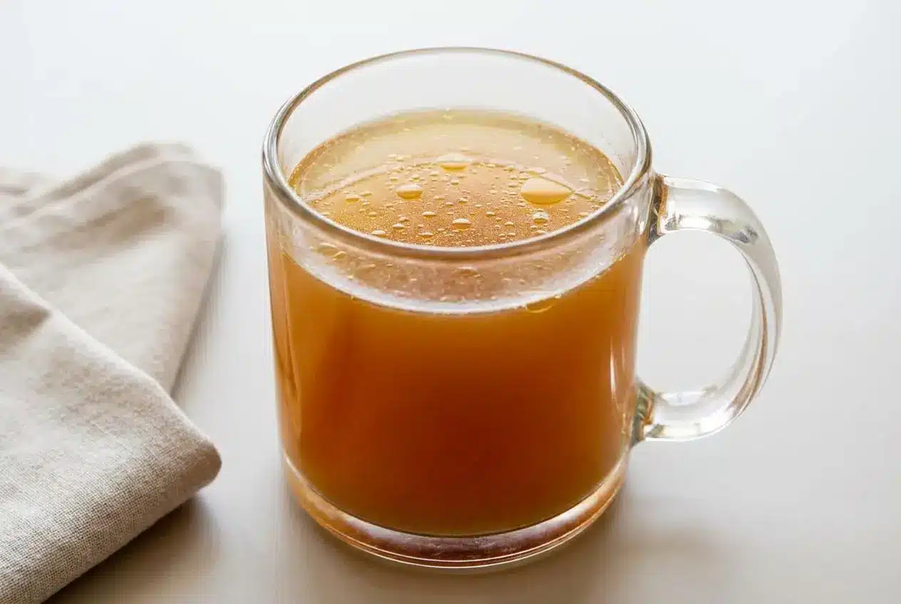 Savory, golden-amber liquid in a clear jar from this easy bone broth recipe.