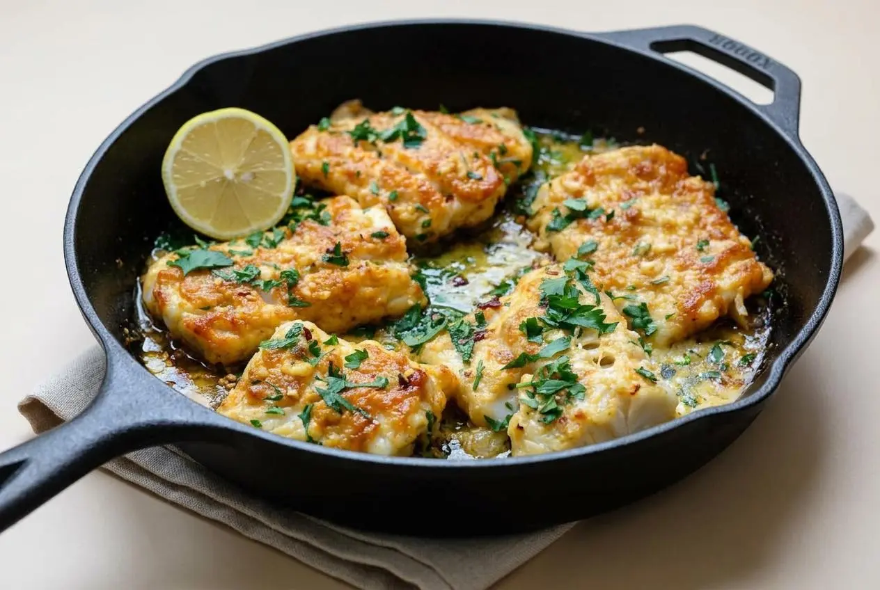 Golden baked cod recipe fillet topped with fresh parsley and garlic lemon butter sauce