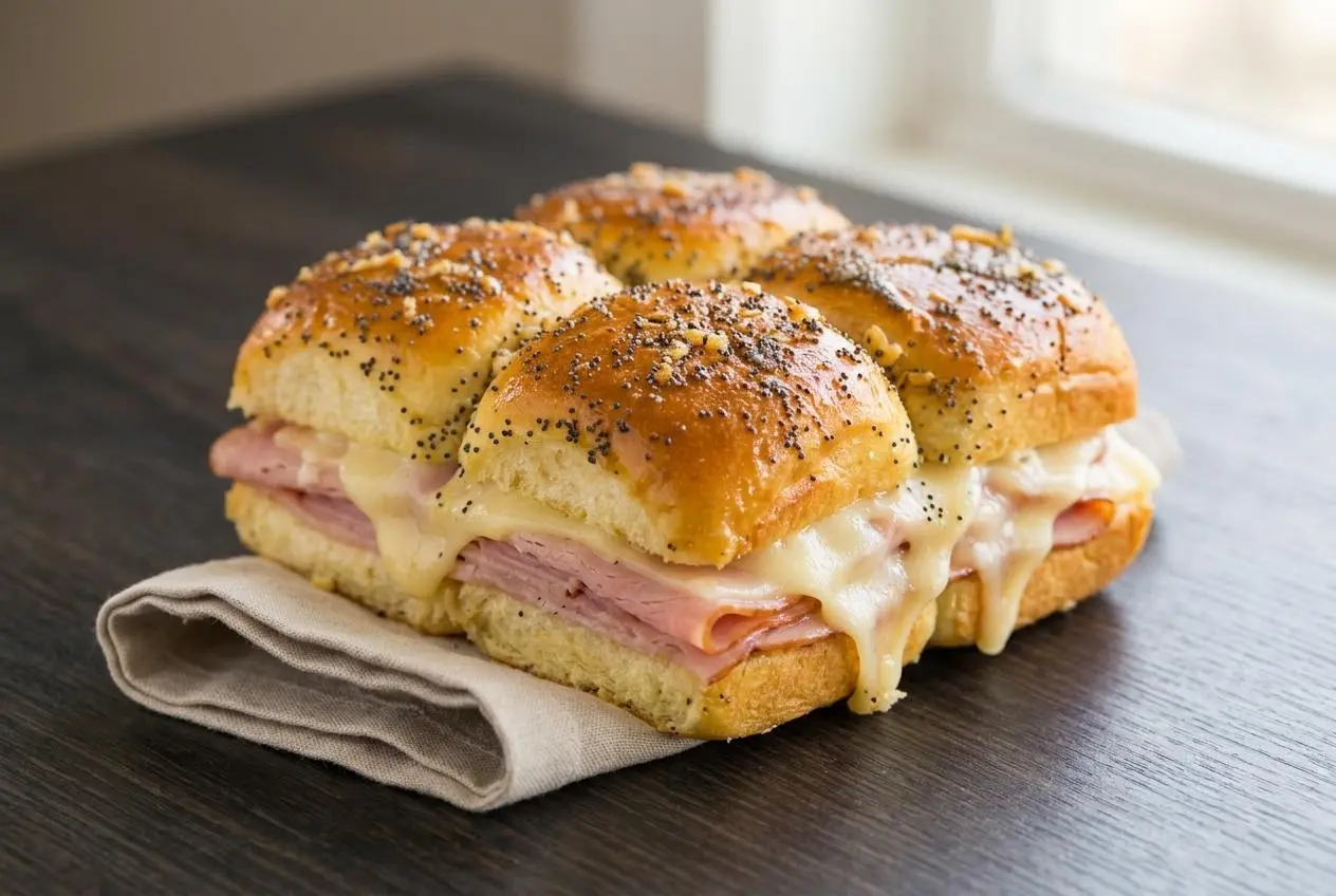Baked ham and cheese sliders on sweet Hawaiian rolls with a glossy poppy seed glaze and melted Swiss cheese.