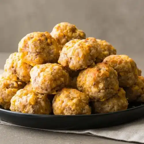 Sausage balls recipe baked until golden brown with crisp edges and melted sharp cheddar cheese.