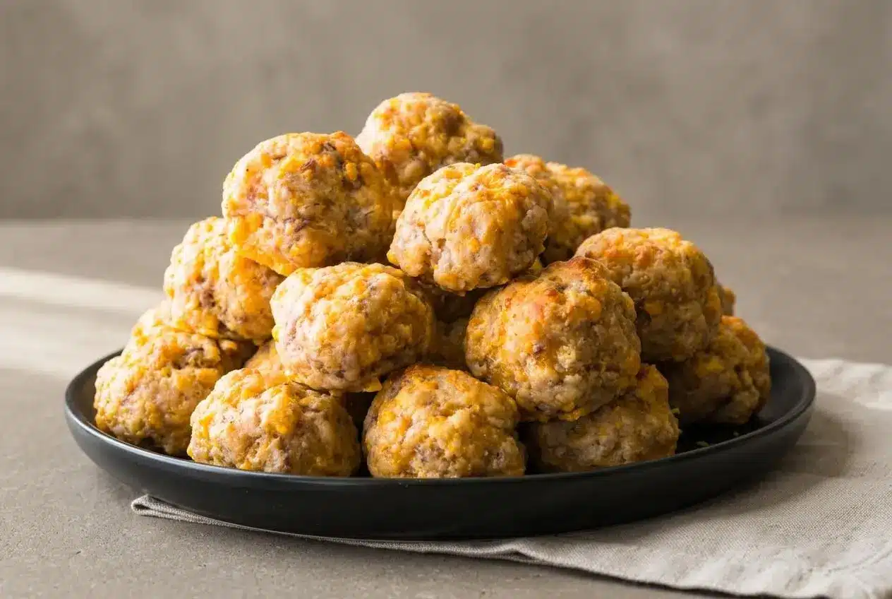 Sausage balls recipe baked until golden brown with crisp edges and melted sharp cheddar cheese.