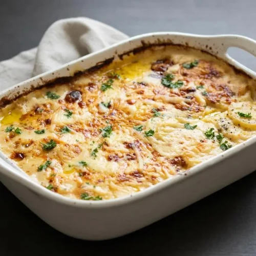 Baked scalloped potatoes recipe casserole with a bubbling golden cheese crust in a ceramic baking dish.