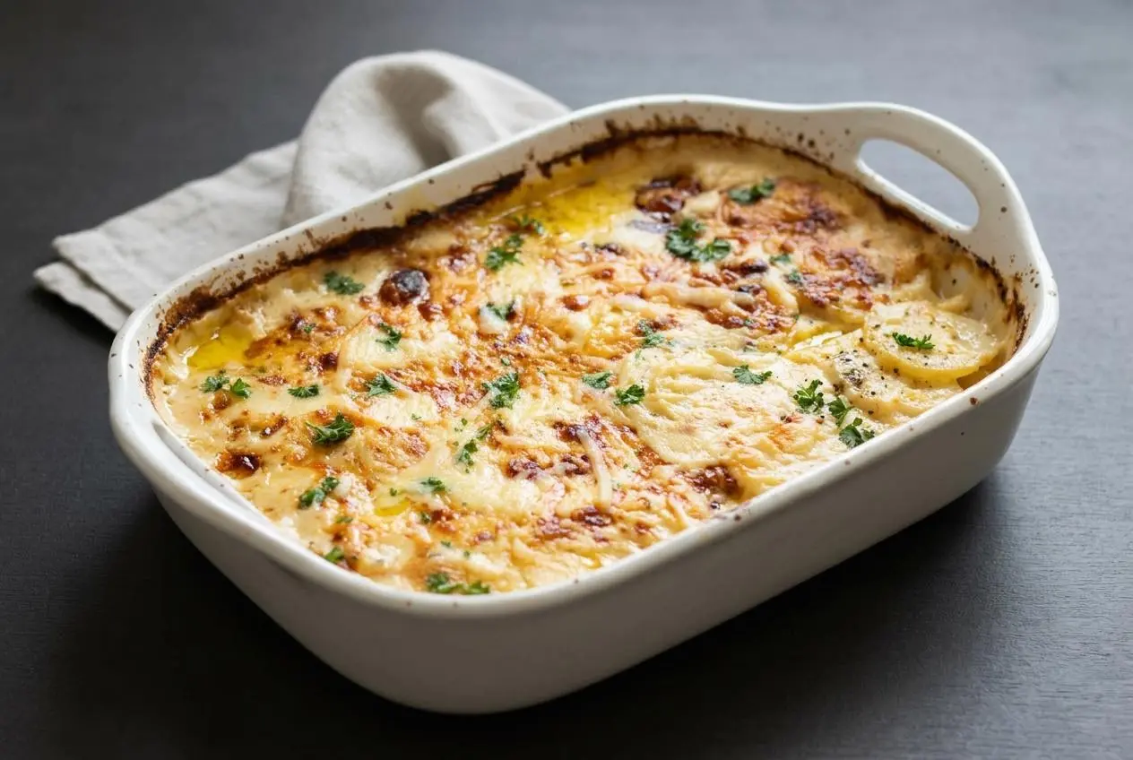 Baked scalloped potatoes recipe casserole with a bubbling golden cheese crust in a ceramic baking dish.