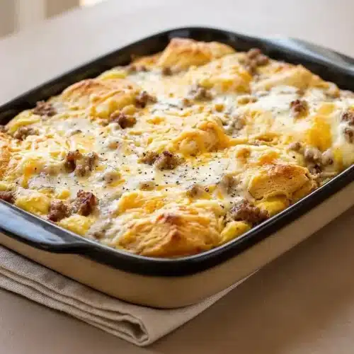 Golden baked biscuits and gravy casserole with browned sausage crumbles and peppered gravy.