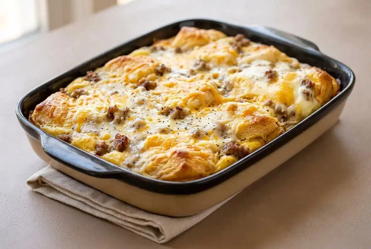 Golden baked biscuits and gravy casserole with browned sausage crumbles and peppered gravy.
