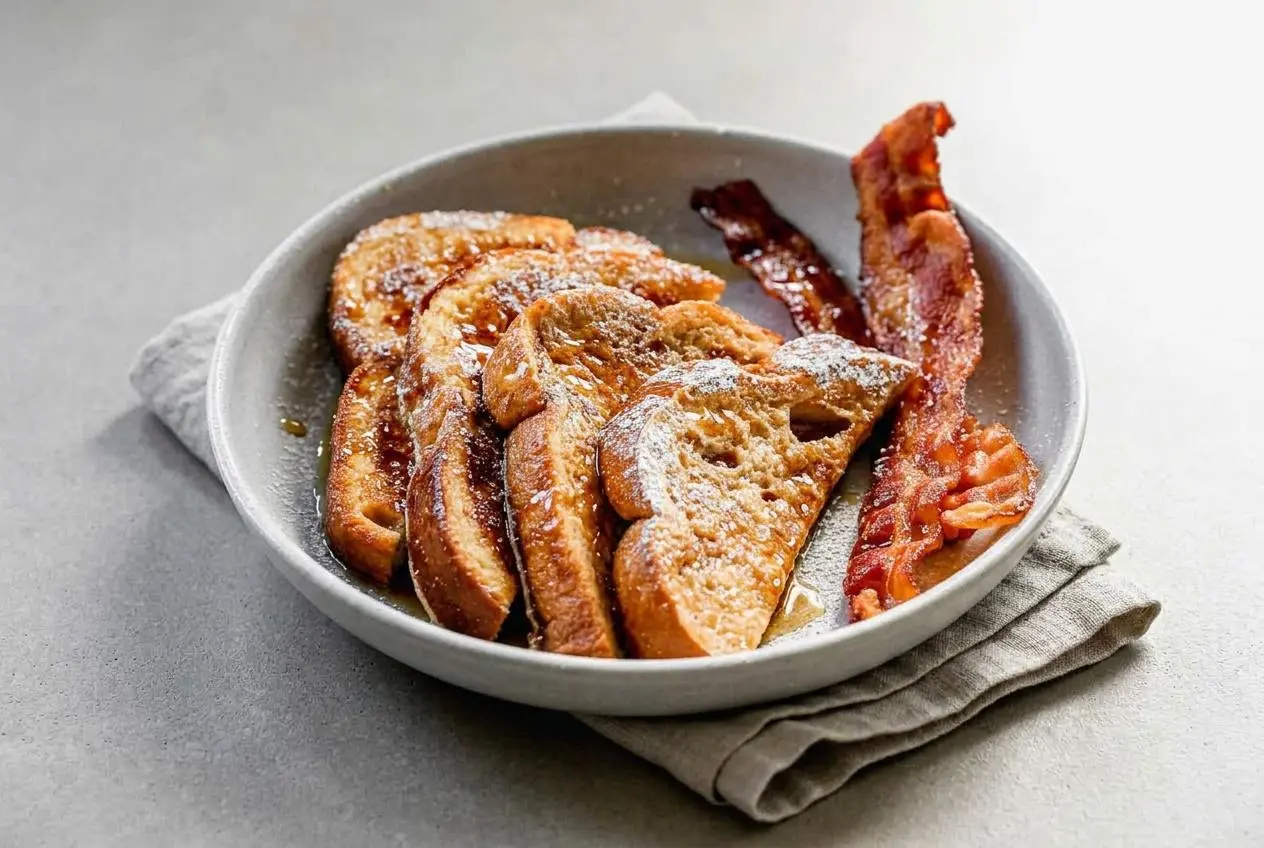 Golden brown french toast recipe slice on a plate with tender custardy center and crisp buttery edges.