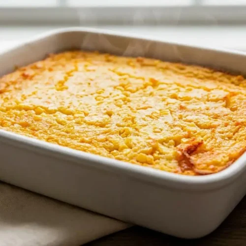 Golden brown Jiffy corn casserole with a sweet, custardy center and whole corn kernels baked in a square dish.