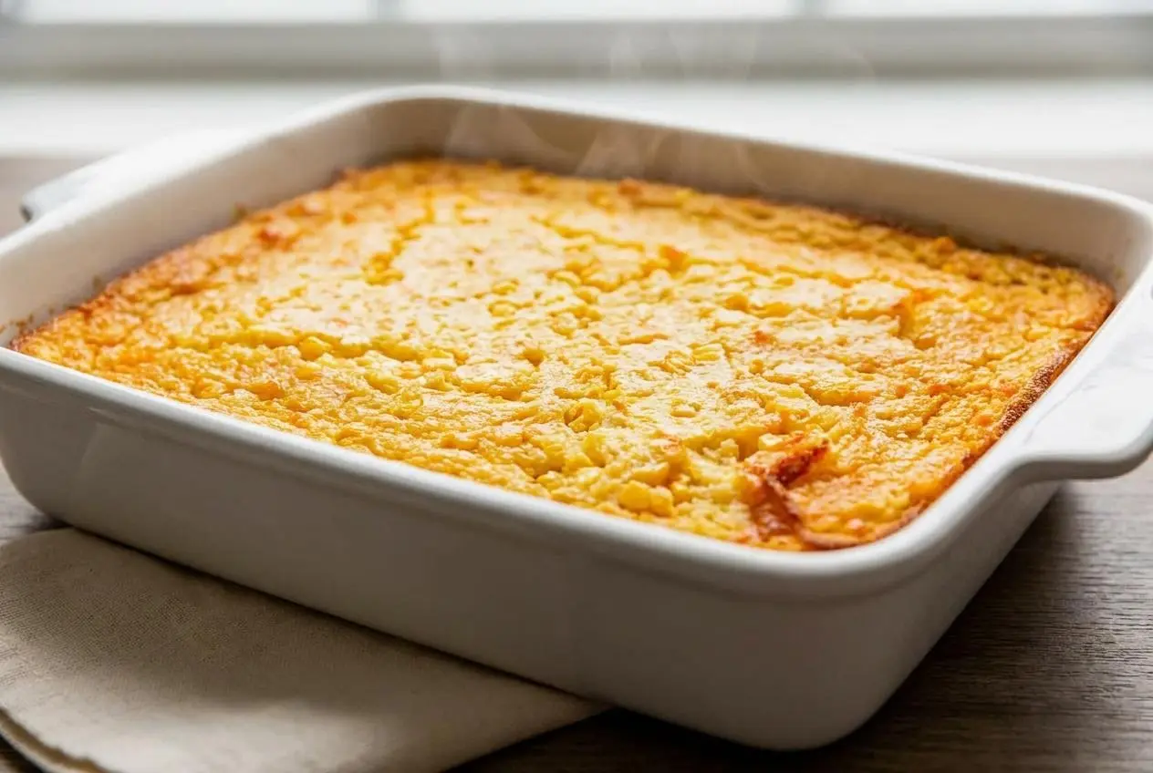 Golden brown Jiffy corn casserole with a sweet, custardy center and whole corn kernels baked in a square dish.