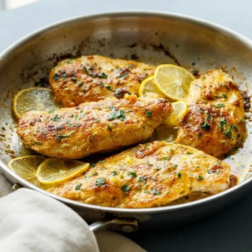 Tender skillet lemon pepper chicken cutlets coated in a glossy lemon butter sauce and topped with fresh parsley.