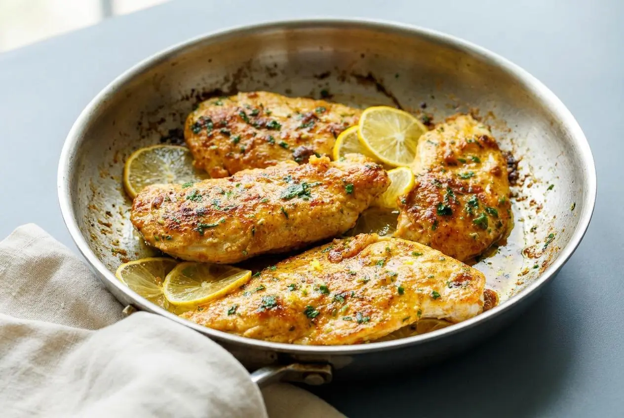 Tender skillet lemon pepper chicken cutlets coated in a glossy lemon butter sauce and topped with fresh parsley.