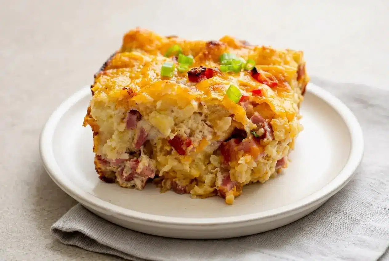 Golden baked tater tot breakfast casserole in a baking dish with melted cheddar cheese and savory ham.