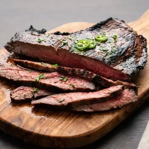 Juicy grilled carne asada sliced thin with a smoky charred crust and tender pink center.