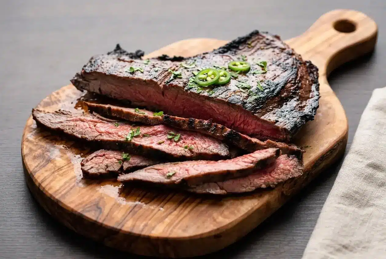 Juicy grilled carne asada sliced thin with a smoky charred crust and tender pink center.