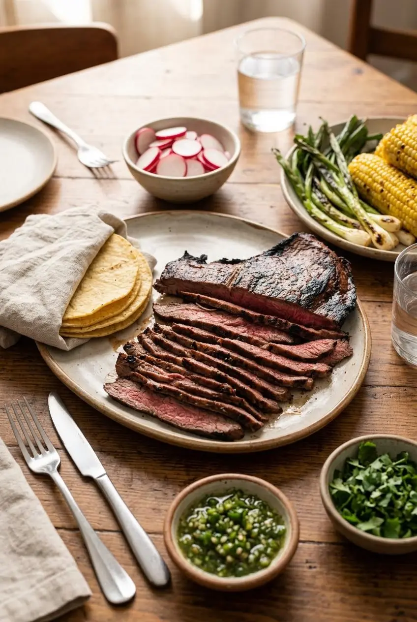 Platter of grilled carne asada served with warm corn tortillas, charred green onions, radishes, and grilled corn.