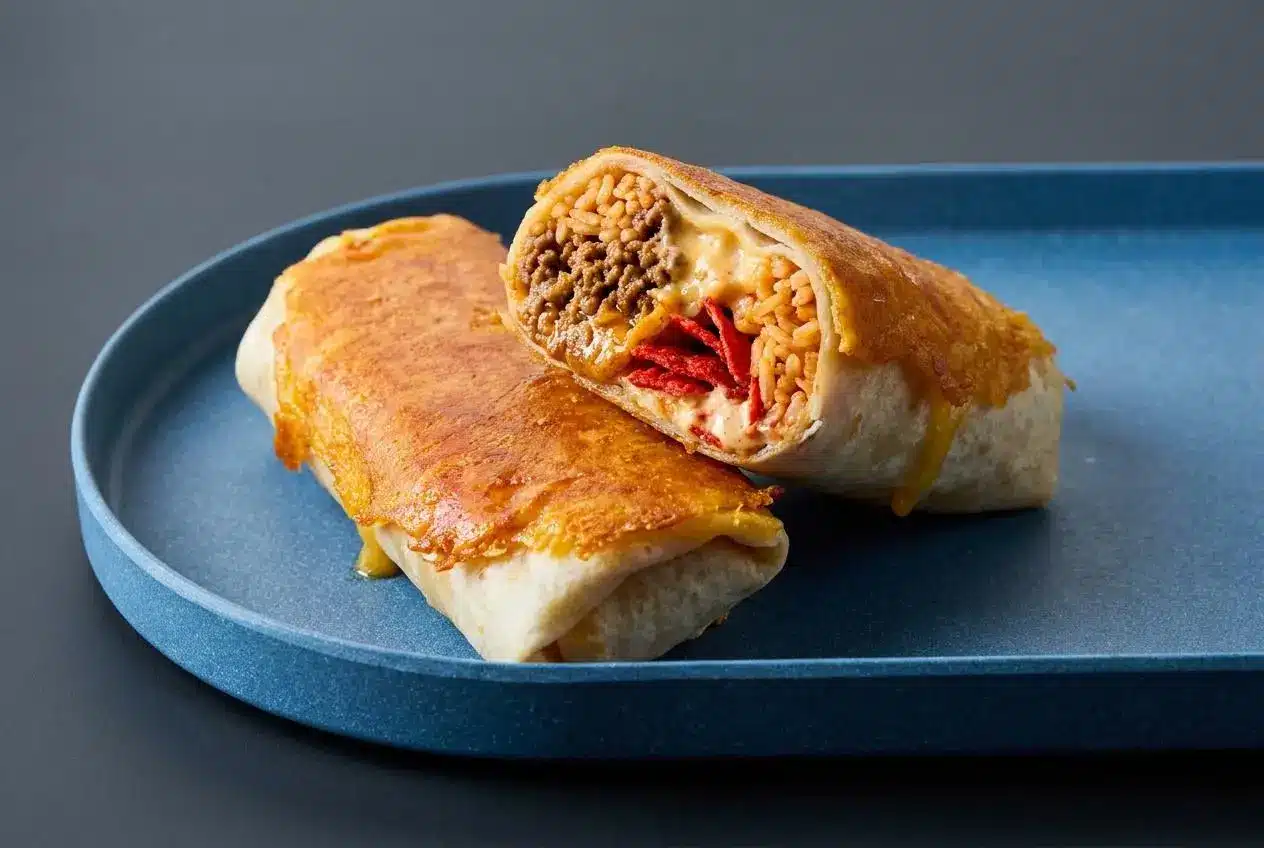 A golden-brown grilled cheese burrito with a crispy, lacy cheddar crust and a rich, warm beef and rice filling.