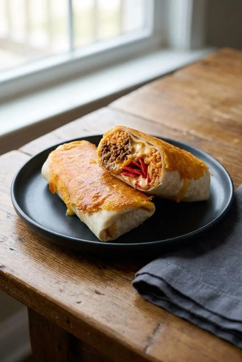 A grilled cheese burrito sliced in half, revealing layered seasoned beef, red rice, queso, and red tortilla chips.
