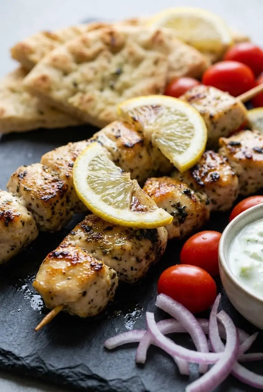 Close-up texture of sizzling grilled chicken souvlaki cubes showing caramelized grill marks and herb seasoning.