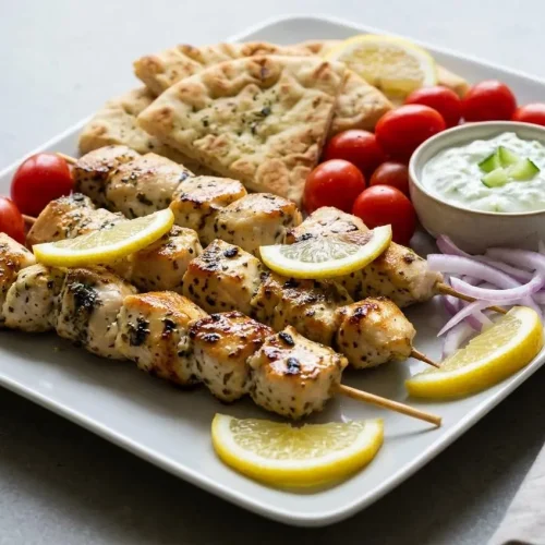 Grilled chicken souvlaki skewers with golden-brown char, dried oregano flecks, and glossy lemon-herb finish.