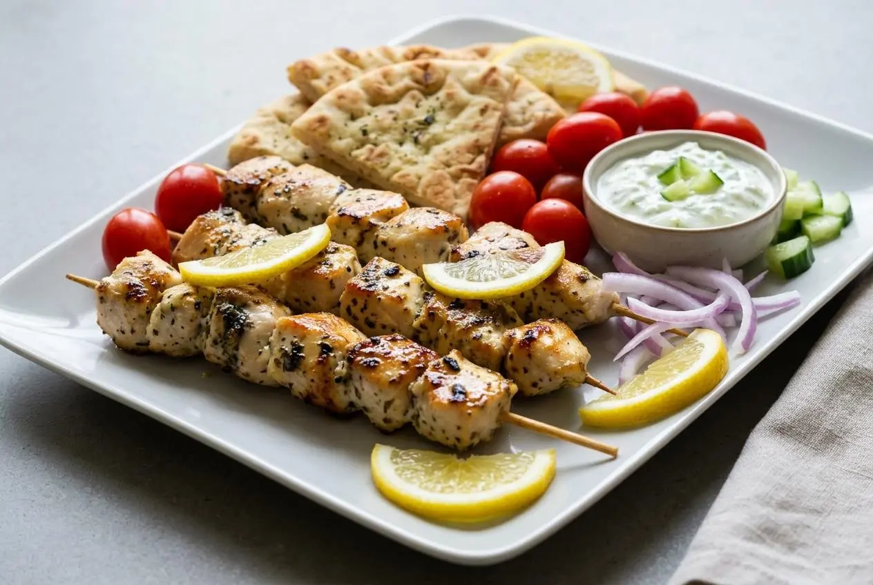 Grilled chicken souvlaki skewers with golden-brown char, dried oregano flecks, and glossy lemon-herb finish.