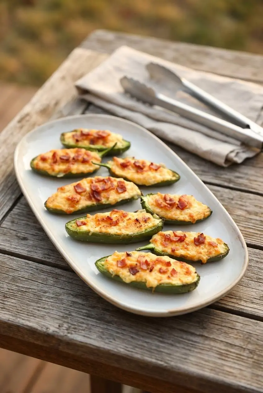 Platter of grilled and air fried cream cheese jalapeno poppers served on an outdoor patio table.