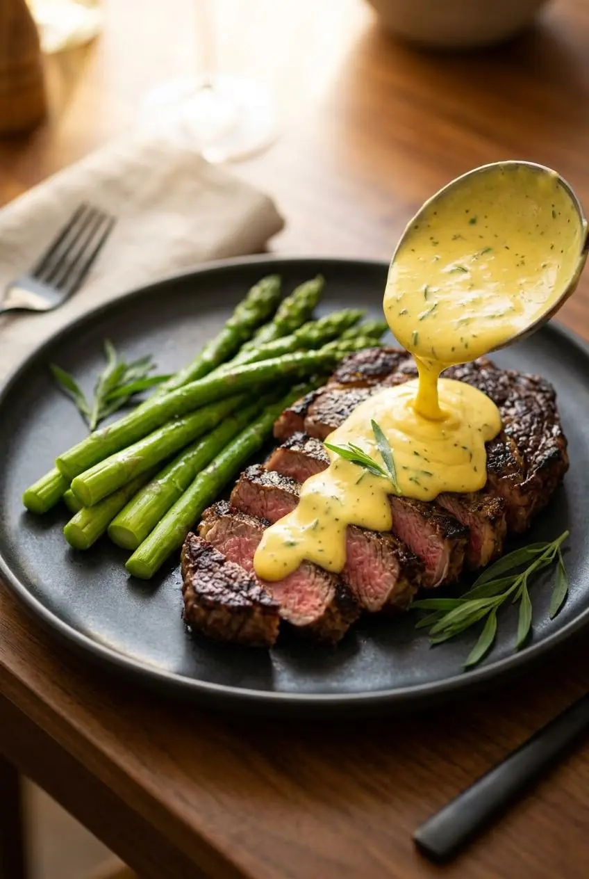 Sliced grilled ribeye steak and steamed asparagus drizzled with warm yellow bearnaise sauce on a dark dinner plate.