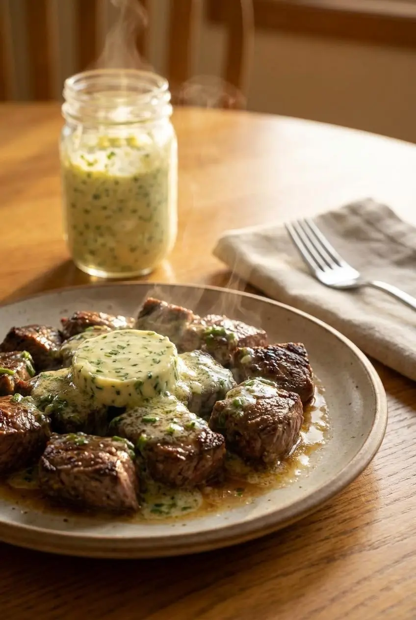 A pat of melting pale green garlic scape butter over freshly grilled steak bites on a ceramic plate.