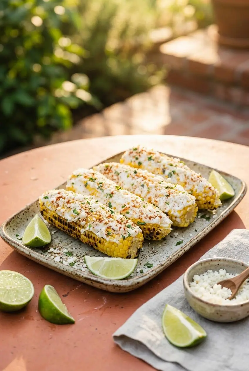 Four freshly grilled Mexican street corn ears served on a rustic platter on an outdoor terracotta table.