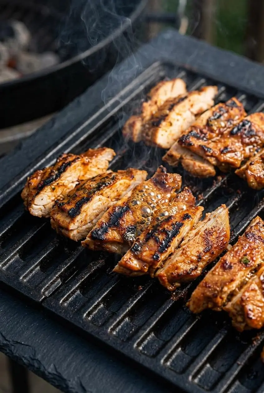 Marinated chipotle chicken thighs cooking over hot outdoor grill grates with visible char marks.