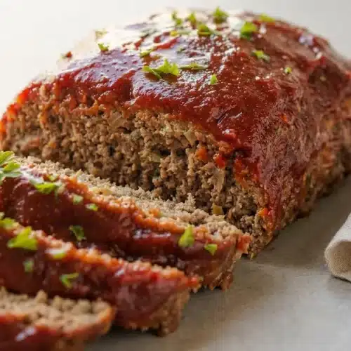 Glazed ground beef meatloaf sliced on a serving board showing a tender interior and glossy sweet ketchup glaze.