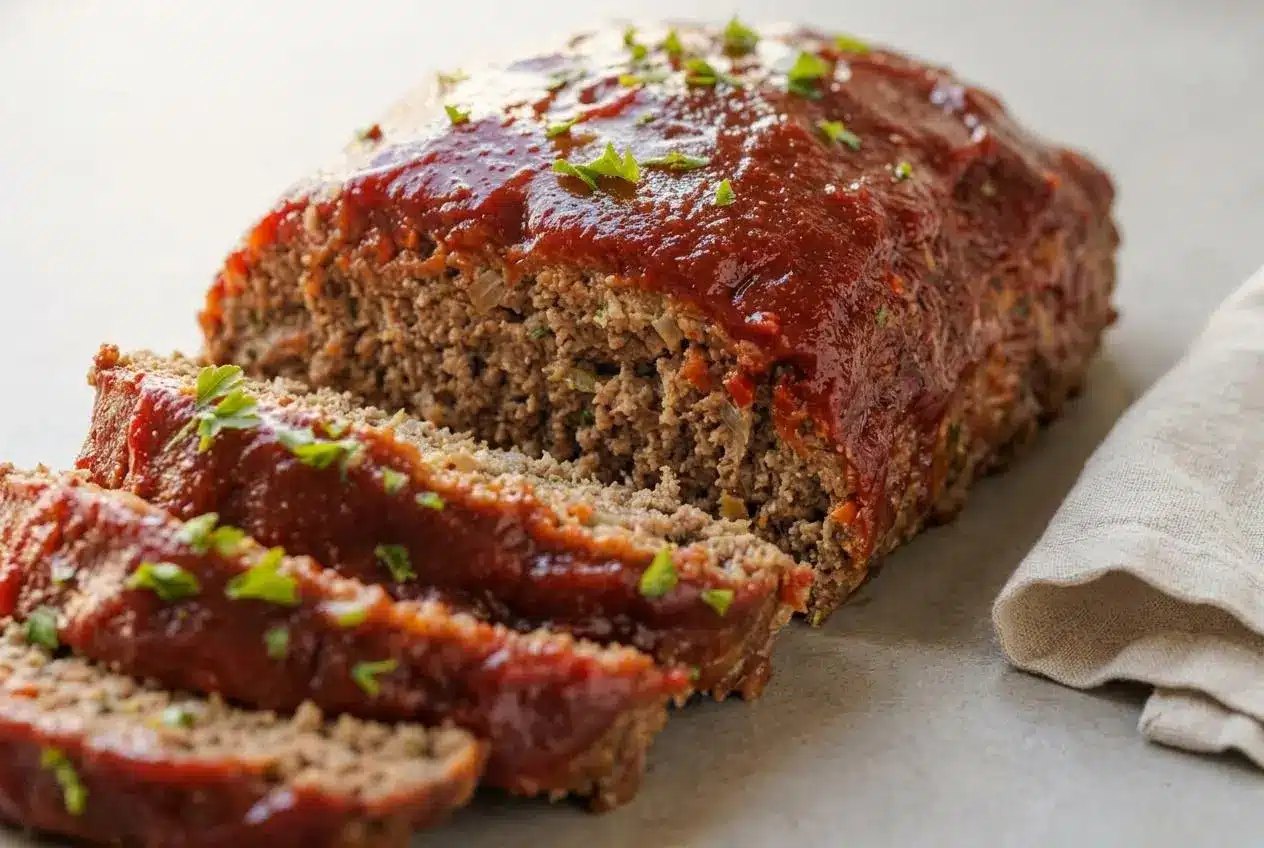 Glazed ground beef meatloaf sliced on a serving board showing a tender interior and glossy sweet ketchup glaze.
