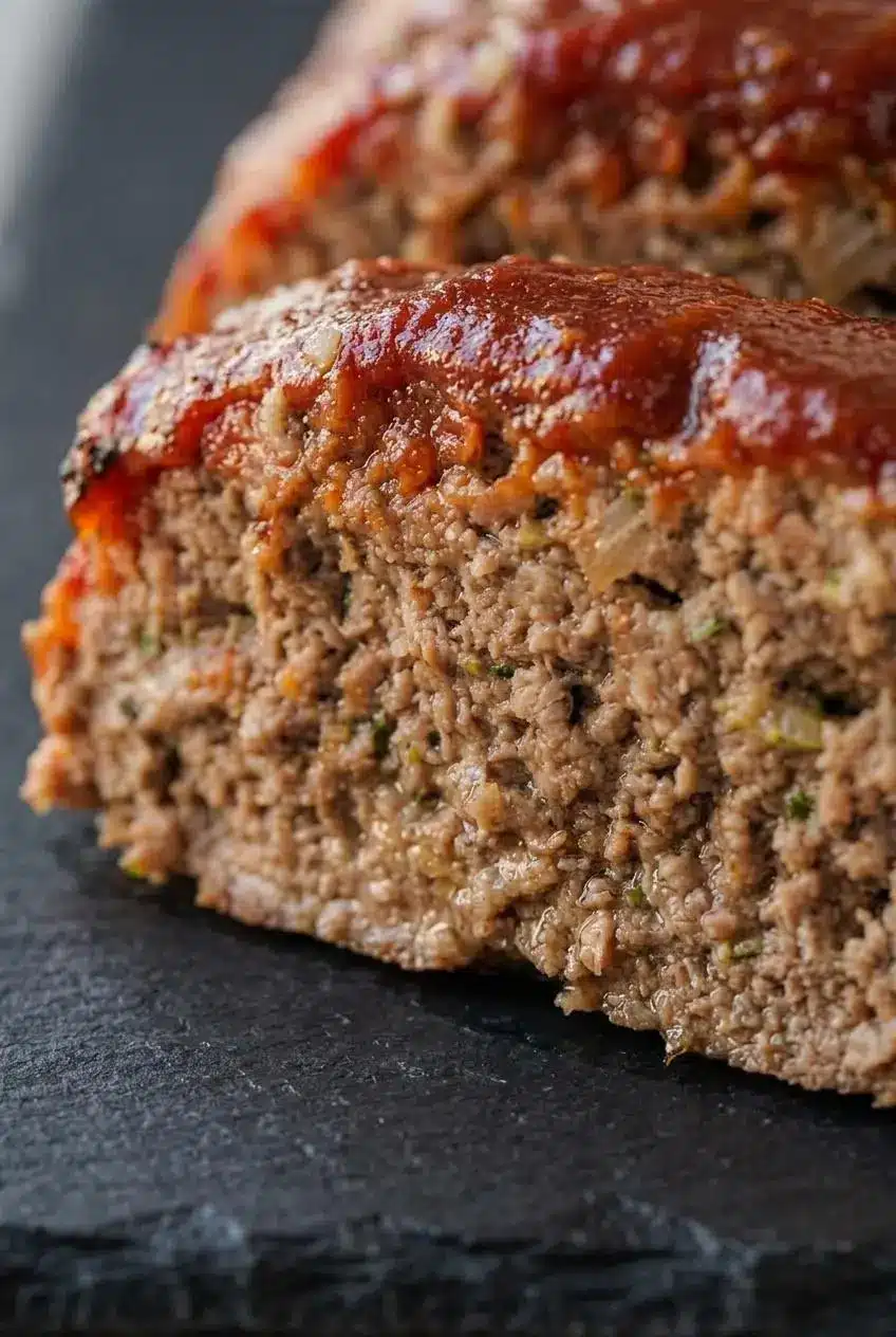 Close-up cross section of a juicy ground beef meatloaf slice with a thick brown sugar ketchup glaze.