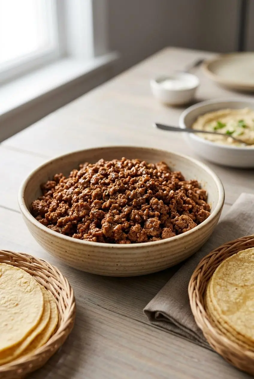 A ceramic bowl filled with seasoned taco meat on a light wood table next to warm corn tortillas.