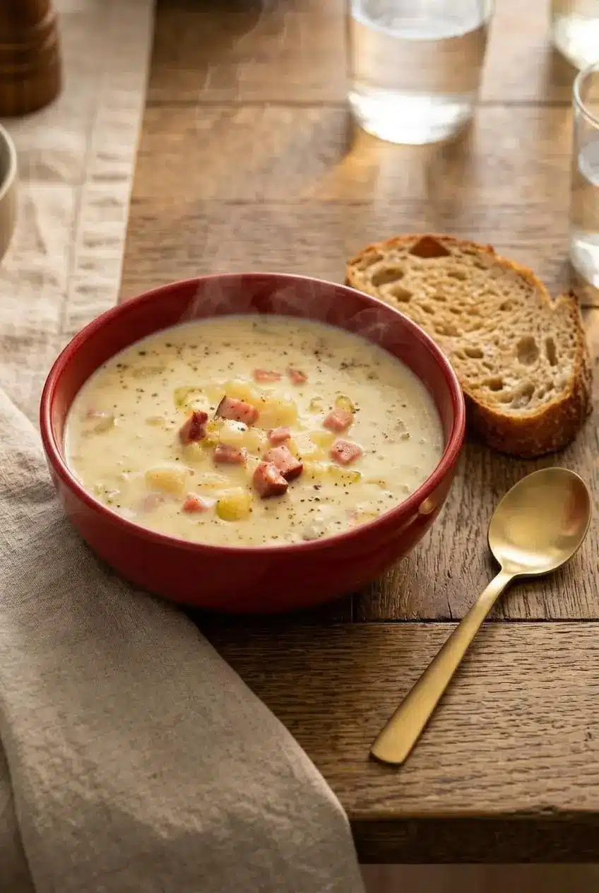 Steaming bowl of ham and potato soup served alongside a thick slice of rustic crusty sourdough bread.
