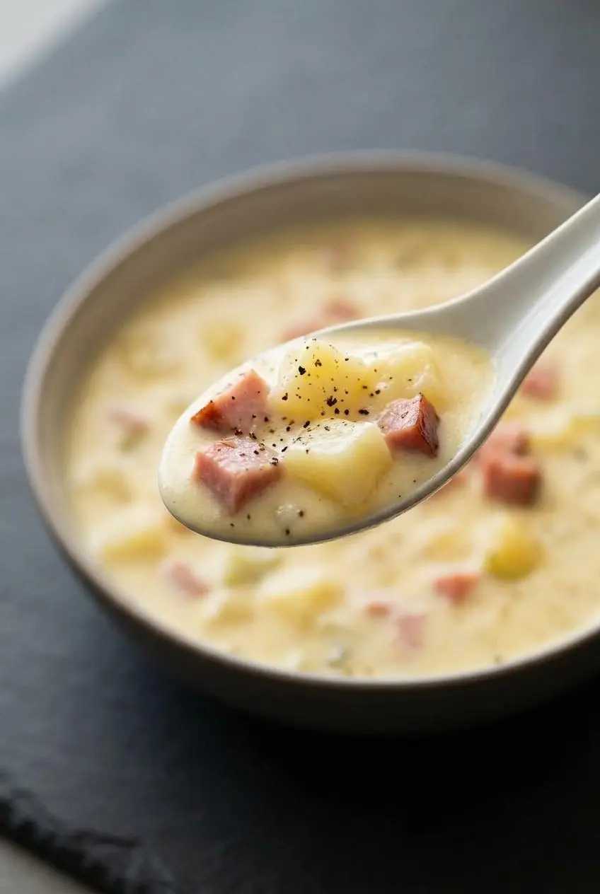 Close-up of a spoon lifting creamy ham and potato soup with diced potatoes, ham, and cracked black pepper.