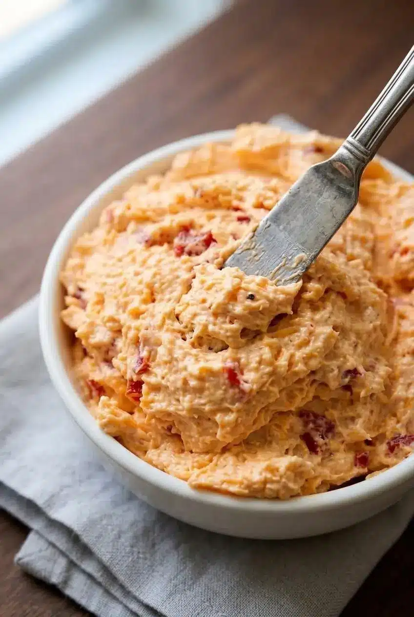 Close up of a silver spreader scooping creamy pimento cheese with visible shreds of sharp cheddar and red peppers.