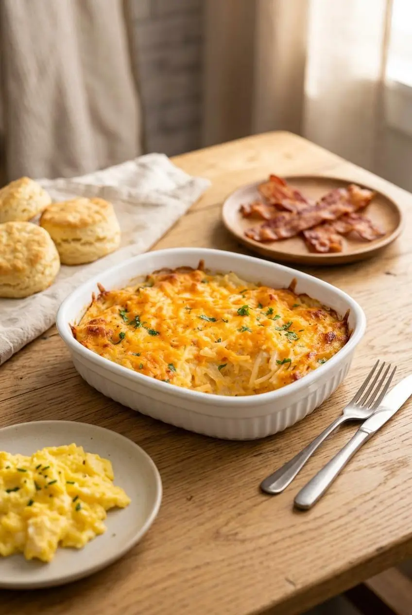 Cheesy hashbrown casserole served alongside scrambled eggs, country bacon, and warm buttermilk biscuits.