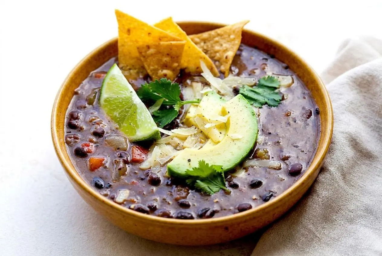Hearty black bean soup in a ceramic bowl garnished with fresh cilantro, diced avocado, and a lime wedge.