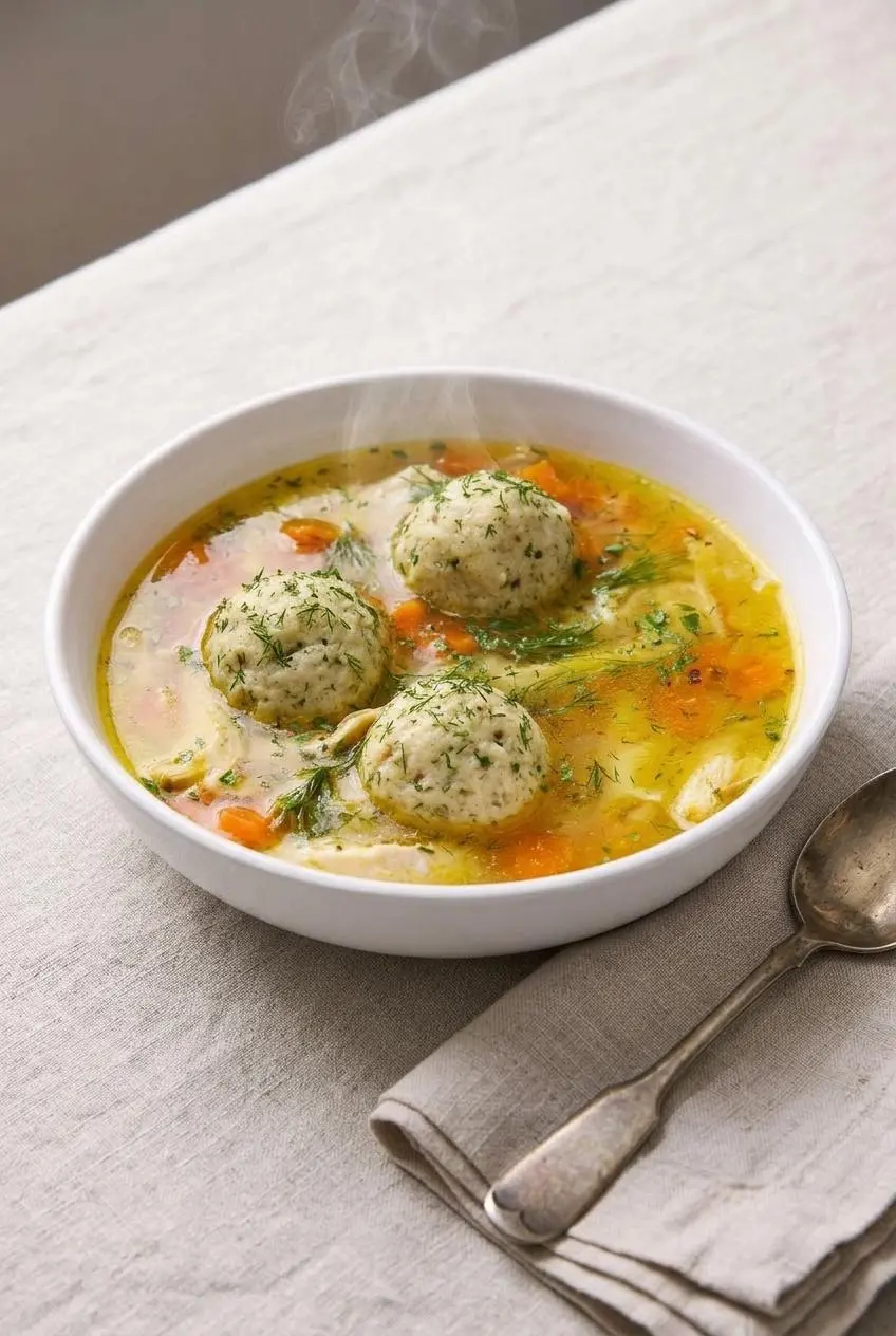 Steaming ceramic bowl of chicken soup with carrot slices and matzo balls flecked with fresh green herbs.