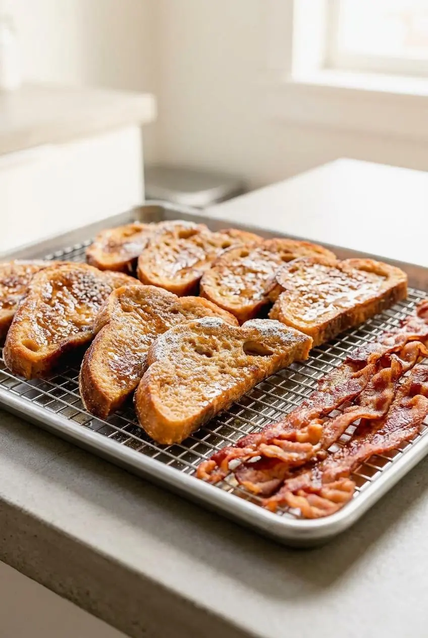 Cooked slices of French toast arranged on a wire rack inside a baking sheet for warm holding.