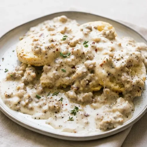 Split buttermilk biscuits smothered in creamy sausage gravy with cracked black pepper in this biscuits and gravy recipe.