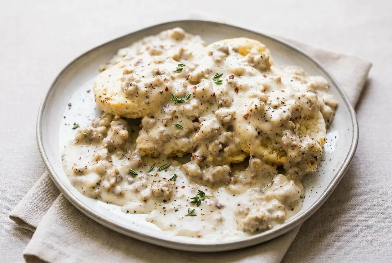 Split buttermilk biscuits smothered in creamy sausage gravy with cracked black pepper in this biscuits and gravy recipe.