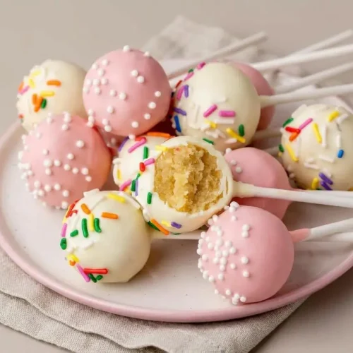 Decorated vanilla cake pops with glossy candy shells and colorful sprinkles on lollipop sticks.